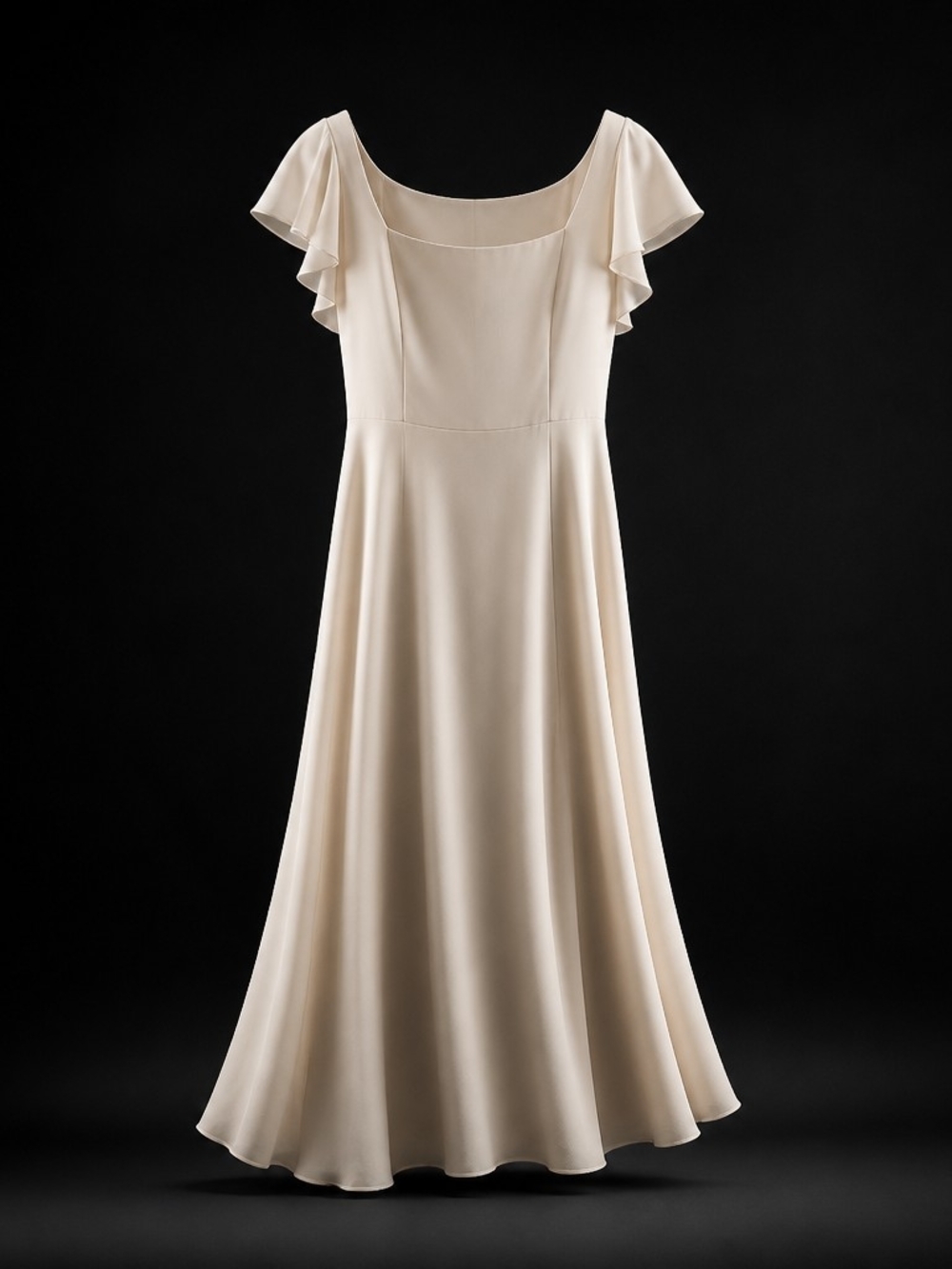 Azazie Ivory Satin Flutter Sleeve Maxi Dress Square Neck Wedding Guest Brides
